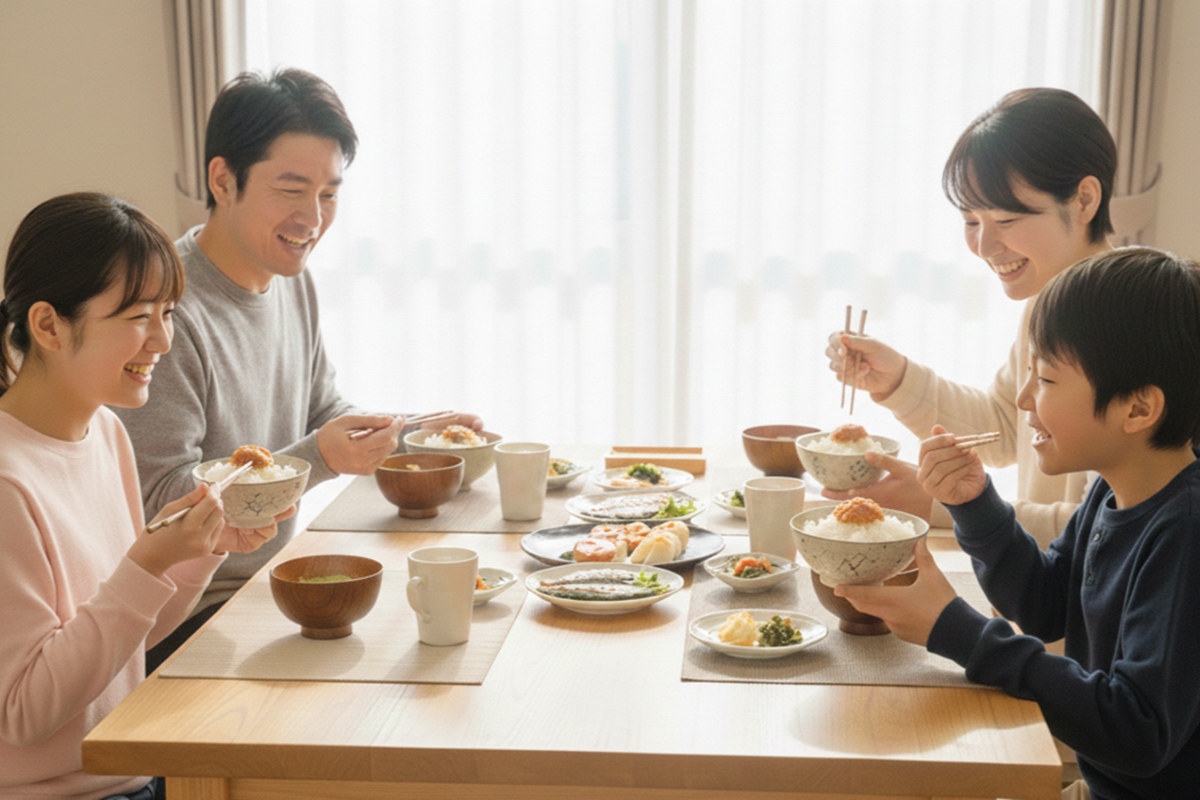家族で食卓を囲み明太子を楽しむ様子