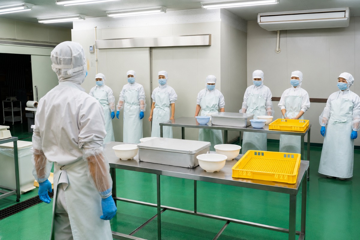 三楽の工場内で製造前の確認を行うスタッフ