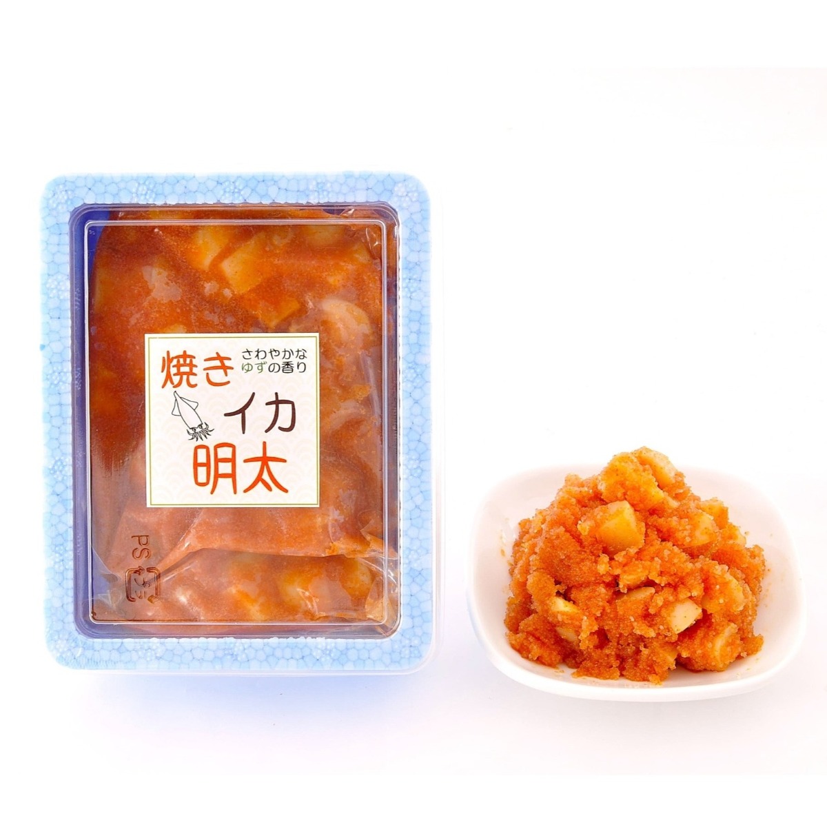 焼きイカめんたいの商品パックと盛り付けた中身の写真
